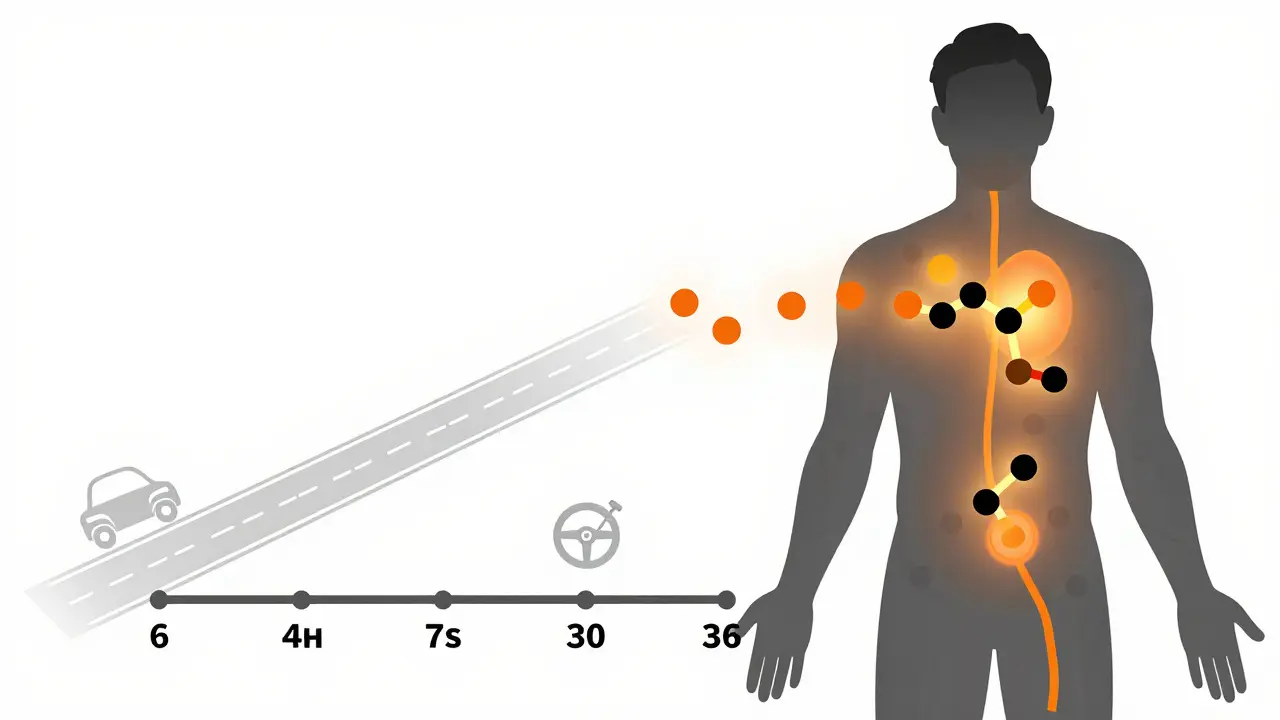 Tělo s molekulami THC postupně uvolňujícími se z tukových tkání do krve, časová osa od 6 hodin do 30 dní.