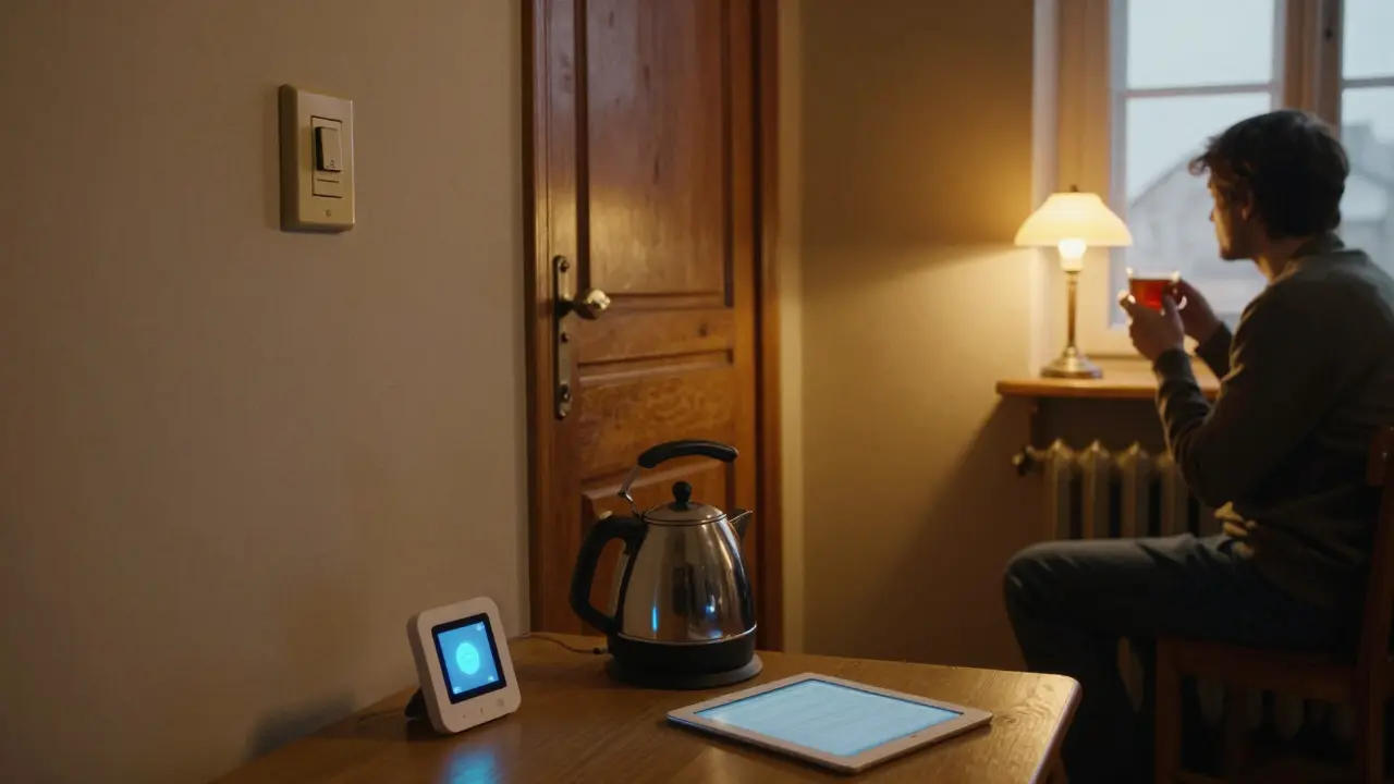 Tradiční český byt s ručním vypínačem a starým topením, vedle něj zahozené chytré zařízení.