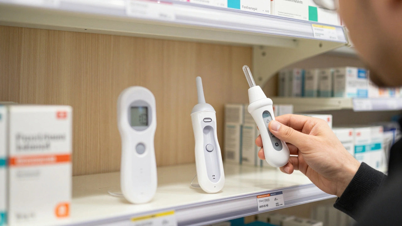 Tři různé typy alkoholových testerů na regálu v české lékárně vedle zdravotnických výrobků.