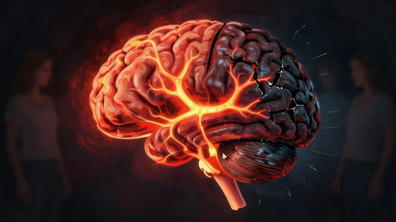 Uvnitř mozku: jedna strana září, druhá je zčernalá a poškozená.