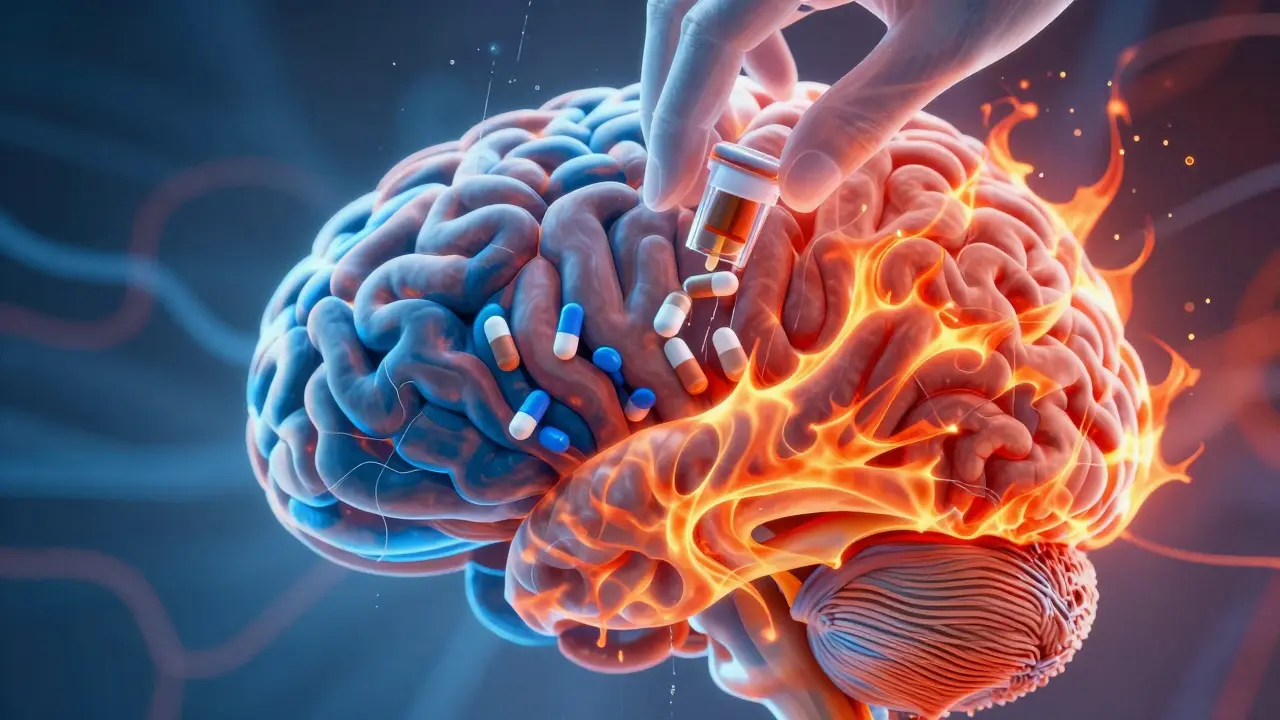 Vnitřní zobrazení mozku s klidnými modrými a vzrušenými červenými neurotransmitery, do kterého pomalu padají léky.