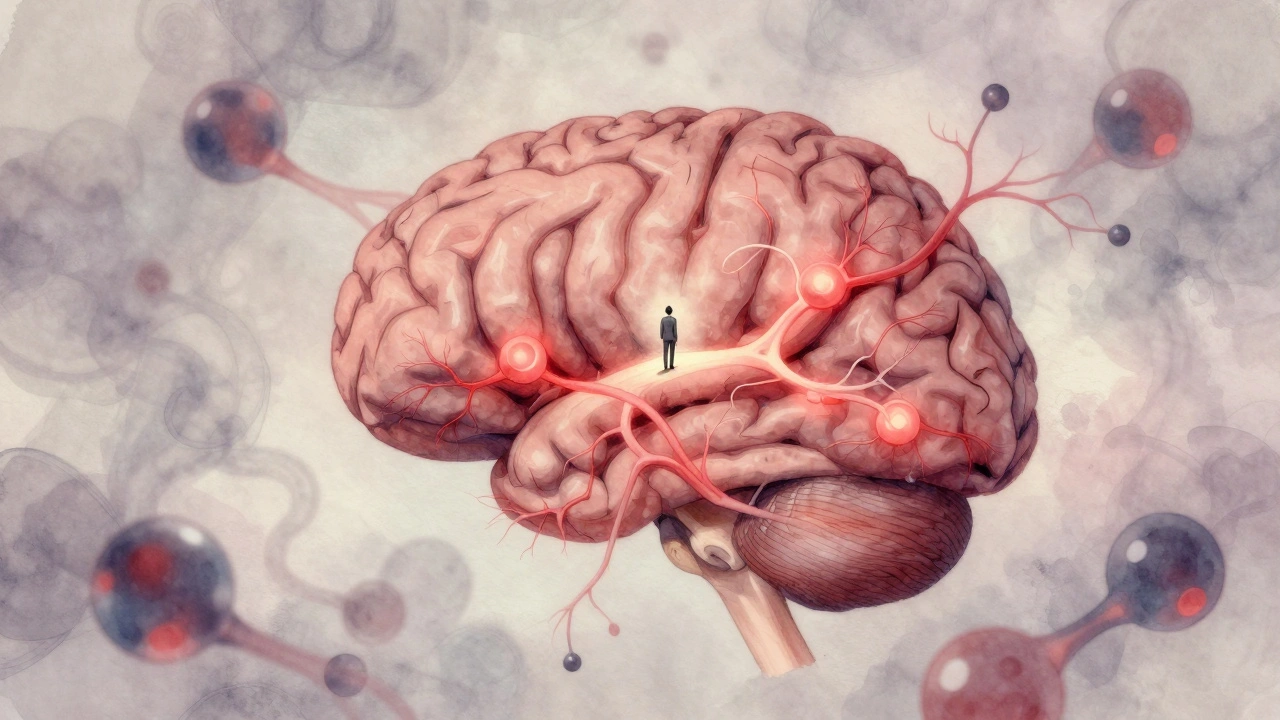Vnitřní zobrazení mozku s poškozenými nervovými spojeními a molekulami alkoholu.