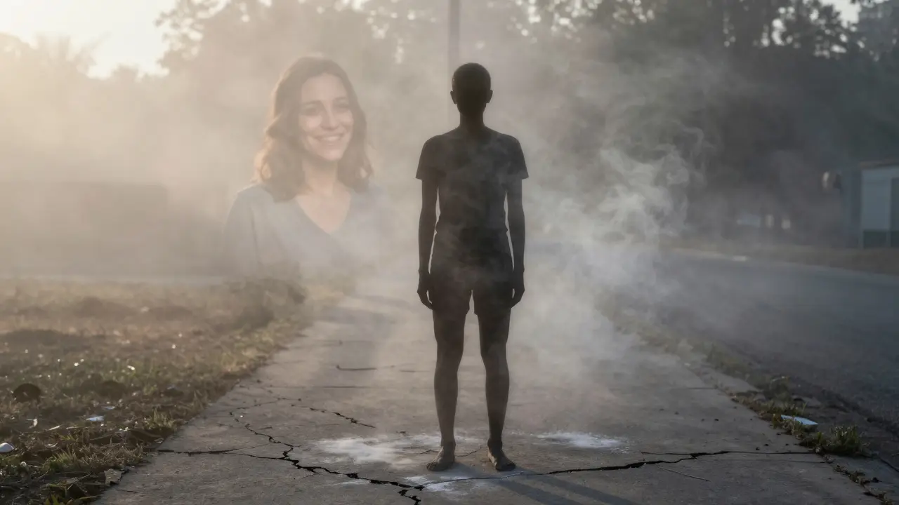 Vyschlá postava v ranní mlze, za ní prázdný stín dřívějšího sebe.