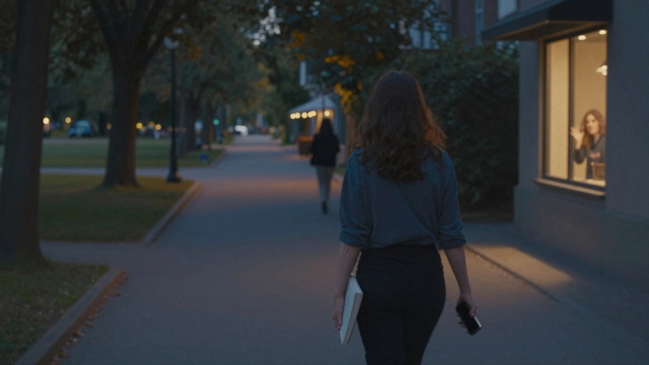 Žena jde ulicí večer, drží knihu a vypnutý telefon, zatímco za ní postava zaniká.