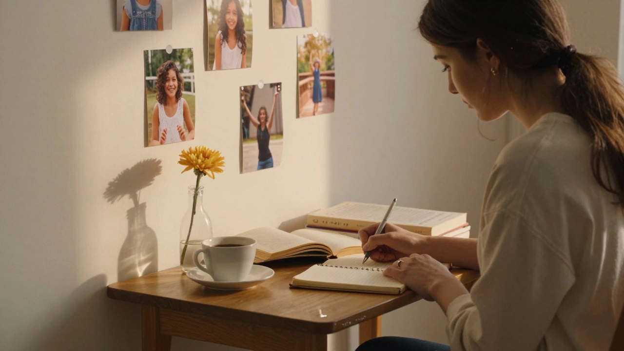 Žena píše do sešitu v slunečné místnosti, kolem ní knihy a fotky její starší samoty.