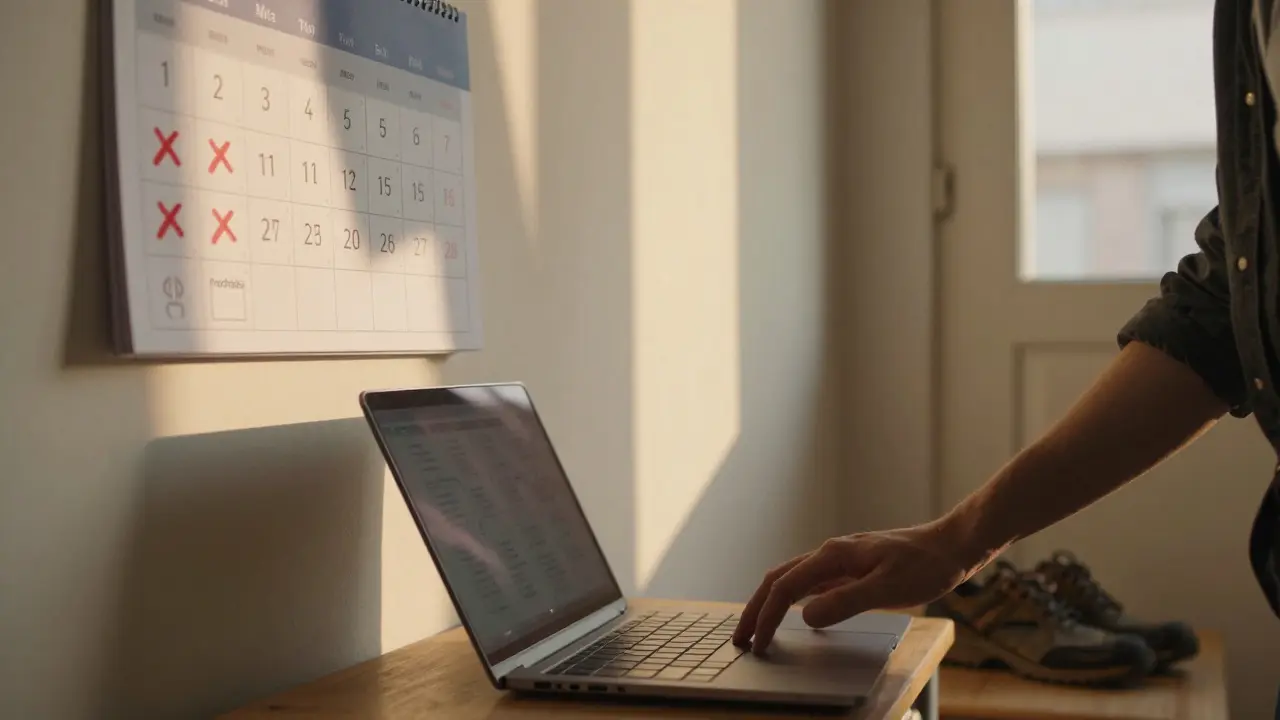 Člověk se dívá na počítač, zatímco na stěně je kalendář s označenými pracovními dny a jedním prázdným dnem.