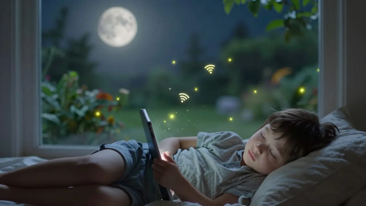 Dítě spí s tabletou, okolo něj plavou ikony Wi-Fi jako světélka, venku je temná zahrada.