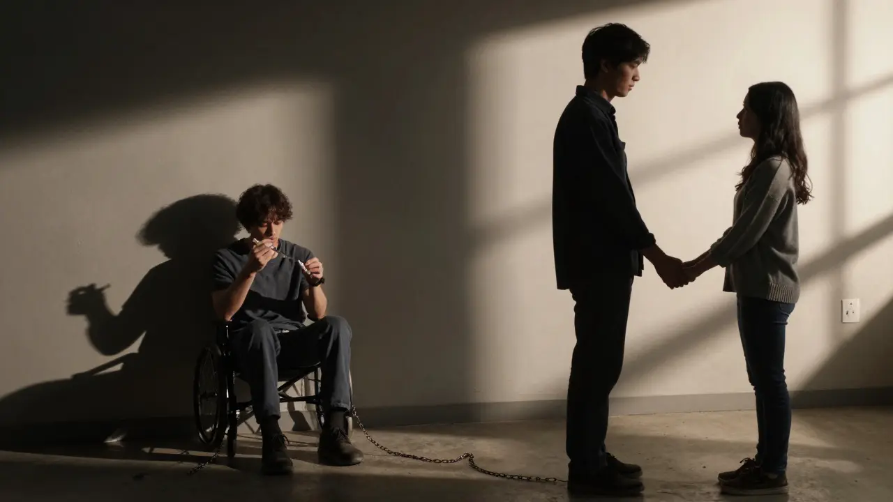 Dva obrazy stejné osoby: jedna ve tmě s drogou, druhá ve světle s blízkou osobou.