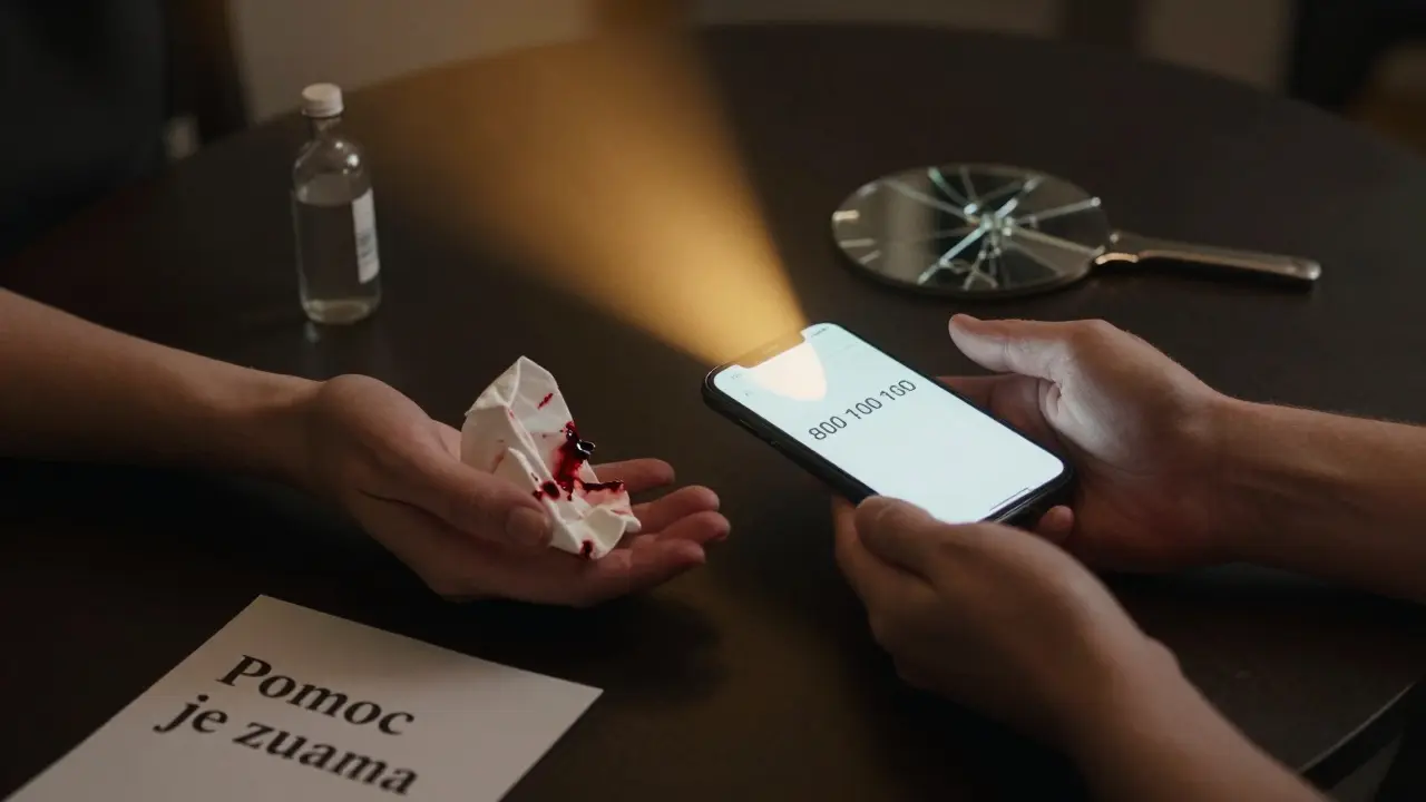 Dvě ruce se dotýkají přes stůl – jedna s krví, druhá s telefonem pomocné linky.