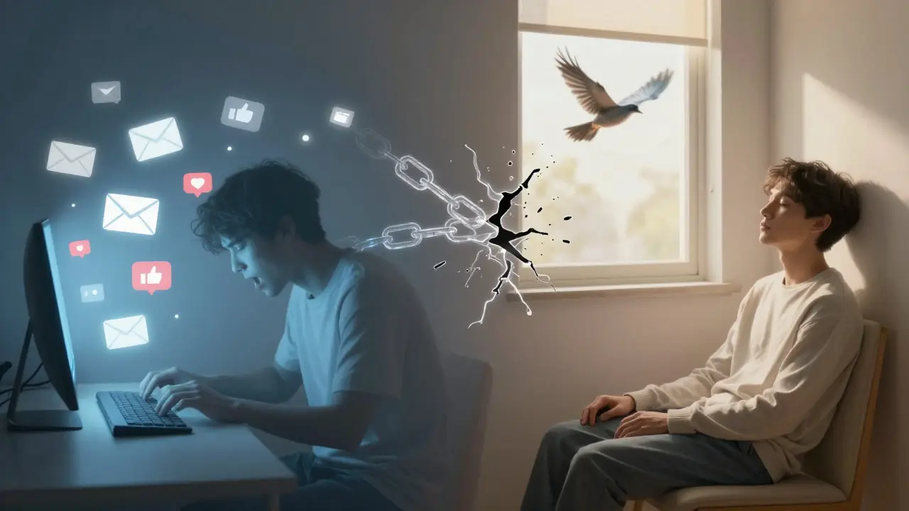 Dvě strany jedné osoby: jedna je zaneprázdněná digitálními notifikacemi, druhá klidně sedí ve světle přírody.