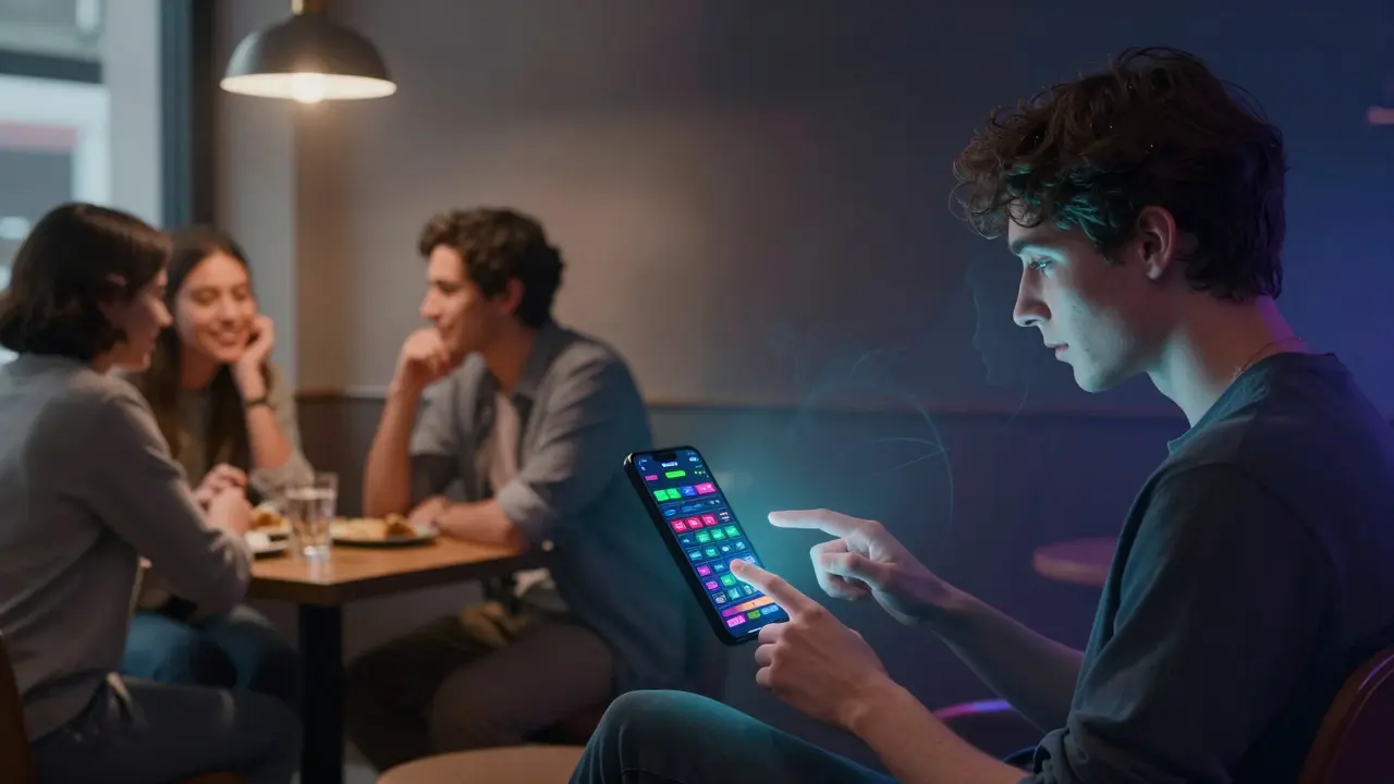 Dvě verze stejné osoby: jedna šťastná s přáteli, druhá osamělá u sázkové aplikace.