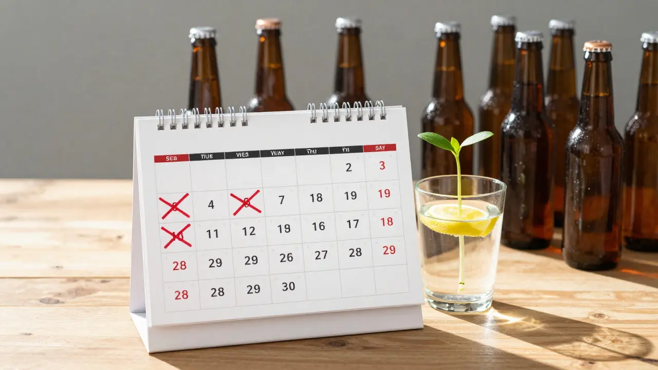 Kalendář s přeškrtnutými pivečky a nově vyrůstající rostlinkou na 28. den.