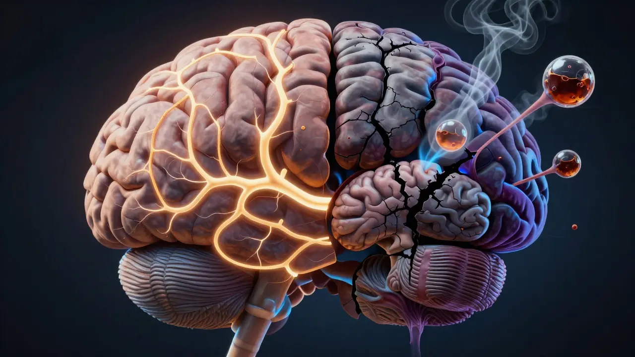 Koncepční ilustrace poškozeného mozku s rozpadajícími se neuronovými spojeními a alkoholovými toxiny.