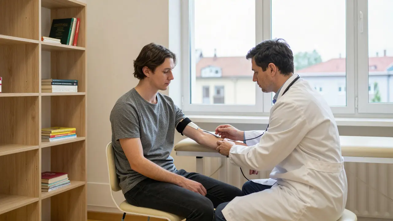 Lékař měří pacientovi tlak v centru pro závislosti v Česku.