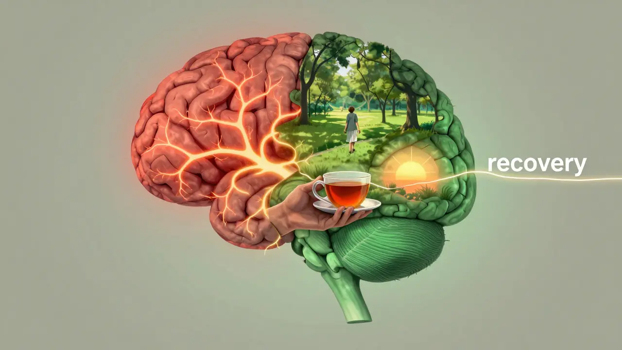 Lidský mozek rozdělený na část s chaotickým hazardem a klidnou obnovou přirozených radostí.