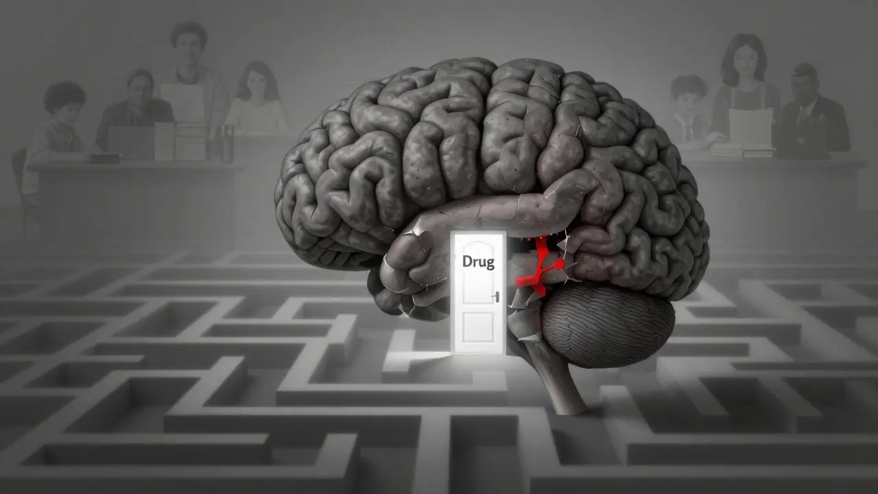 Mozek jako bludiště vedoucí k jedinému světlu — drogám, zatímco rozhodování zaniká.
