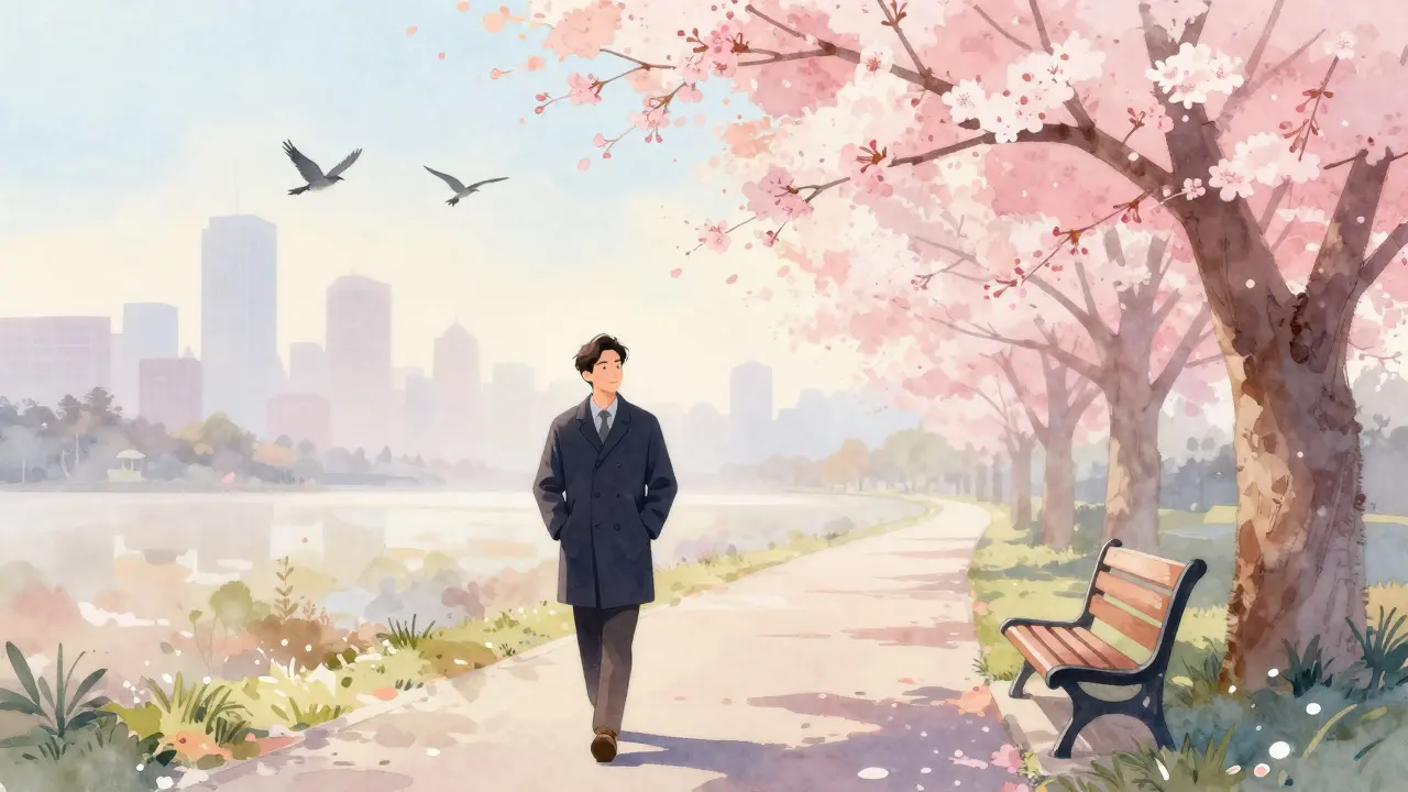 Muž kráčí po cestě na ranním světle, telefon v kapsě, kolem něj stromy a ptáci, symbolizující odpočinek.