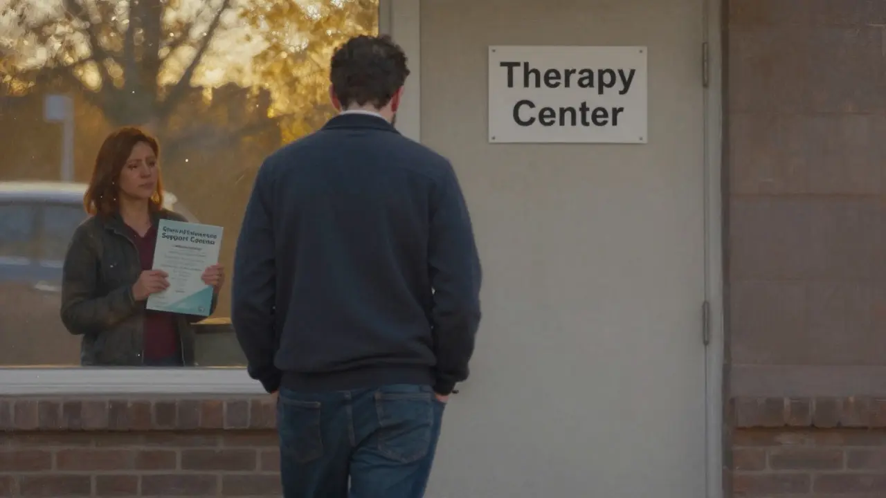 Muž odchází od terapeutického centra, zatímco jeho partnerka ho pozoruje skrze okno s pláčem.