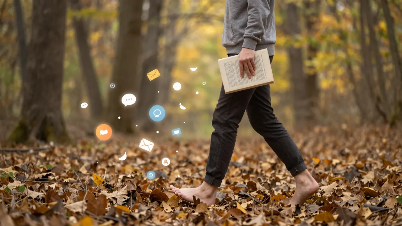 Osoba prochází lesem, drží knihu, digitální ikony se mění v padající listy, symbolizující uvolnění od obrazovek.