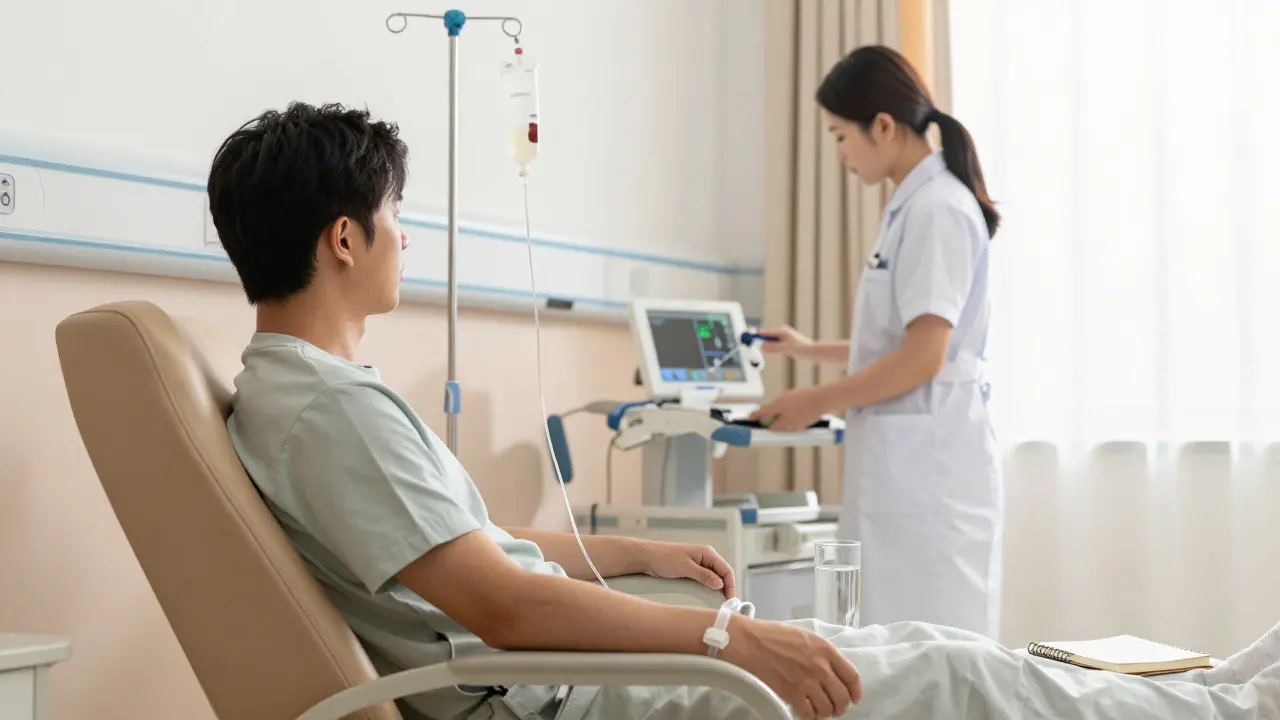 Pacient v klinice s IV kapkou a zdravotní sestrou, klidná atmosféra léčby detoxikace.