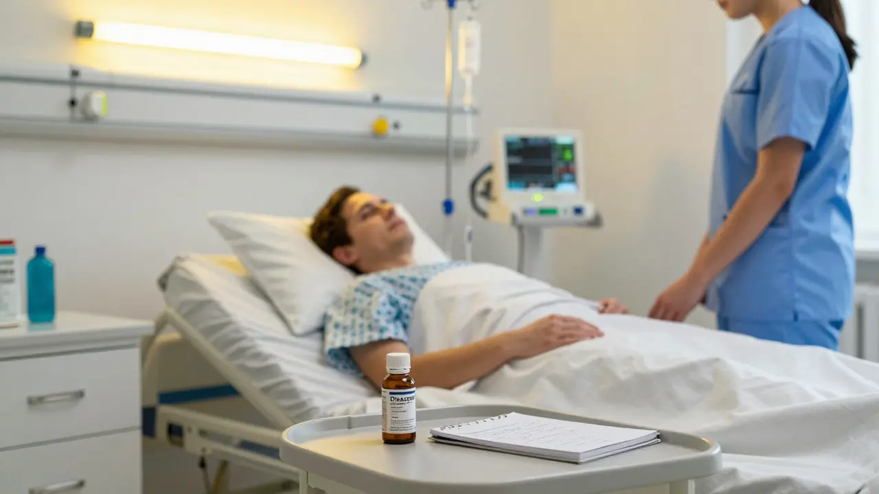 Pacient v nemocnici během detoxikace s léky a monitorováním.