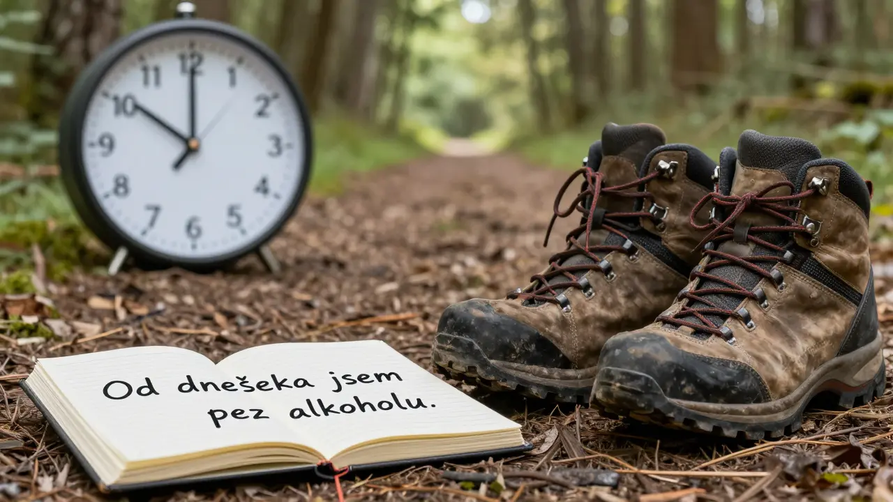 Pára bot a cesta do lesa s deníkem, symbolizující obnovu po alkoholu.