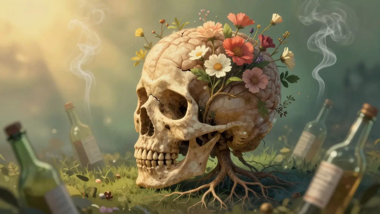 Prasklý lebka s květinami a kořeny, symbol obnovy mozku po detoxu alkoholu.