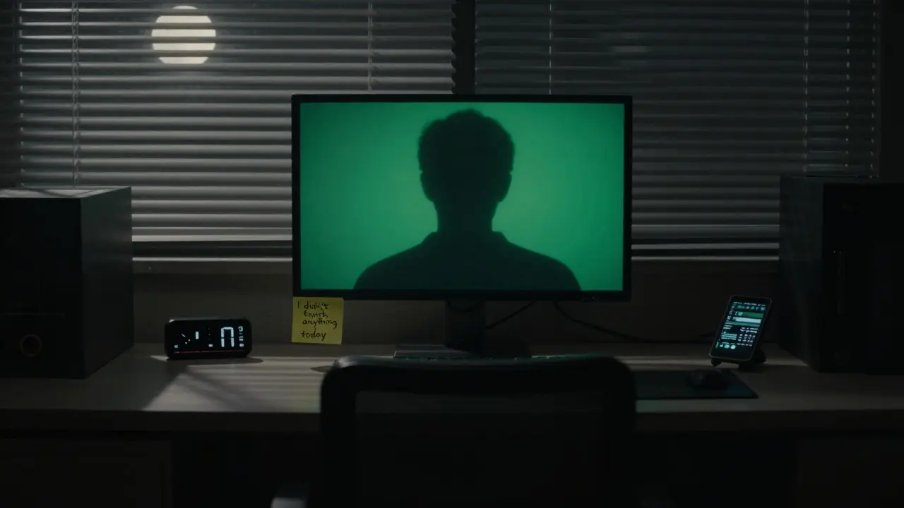 Prázdný křeslo v kanceláři, na obrazovce se odráží silueta člověka, který není přítomen.
