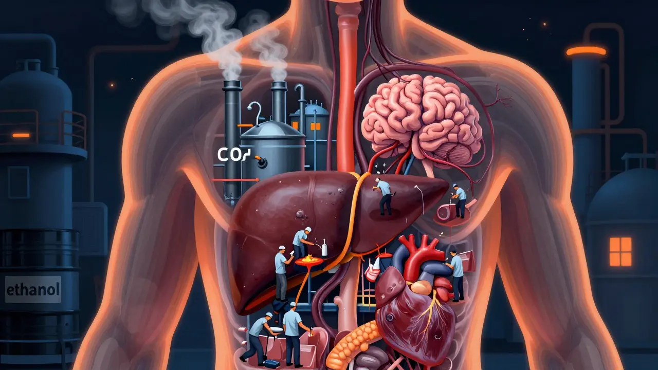 Průhledný lidský tors s játrou jako továrnou zpracovávající alkohol.