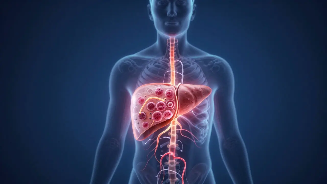 Průřez lidského těla s obnovou jater a mozku, znázorňující léčbu po alkoholu.