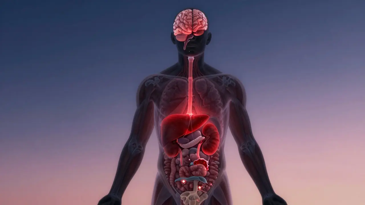 Průřez tělem ukazující vnitřní orgány během detoxikace alkoholu.