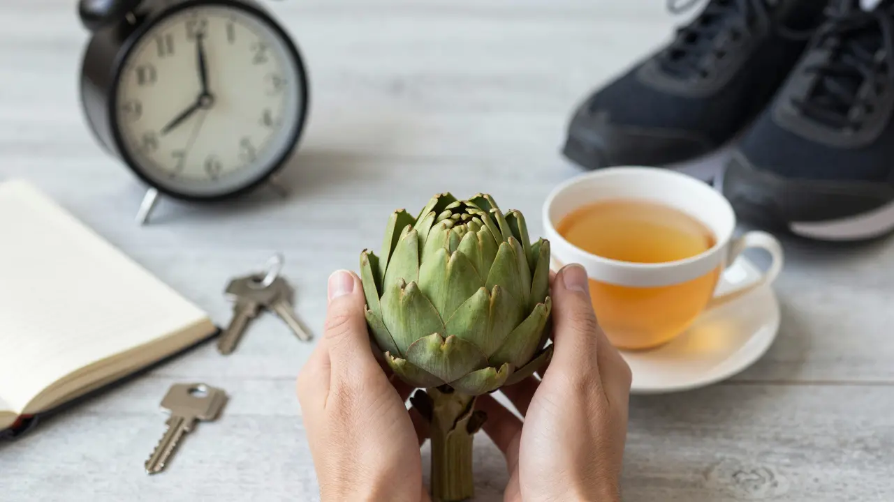 Ruce držíte artičoku a čaj, kolem nich klíče, sešit a boty — znak dlouhodobého uzdravení.