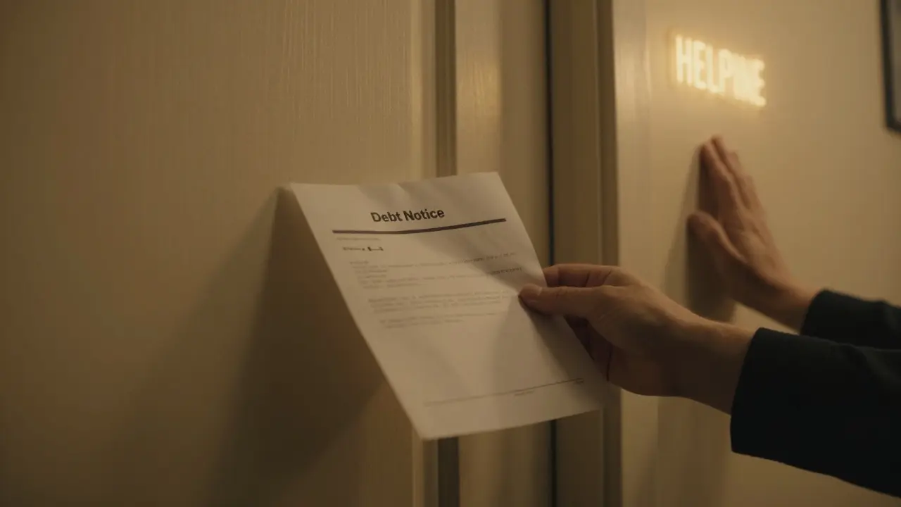 Ruka na dveřích drží výzvu k splacení dluhu, jiná ruka klepe s nadějí.