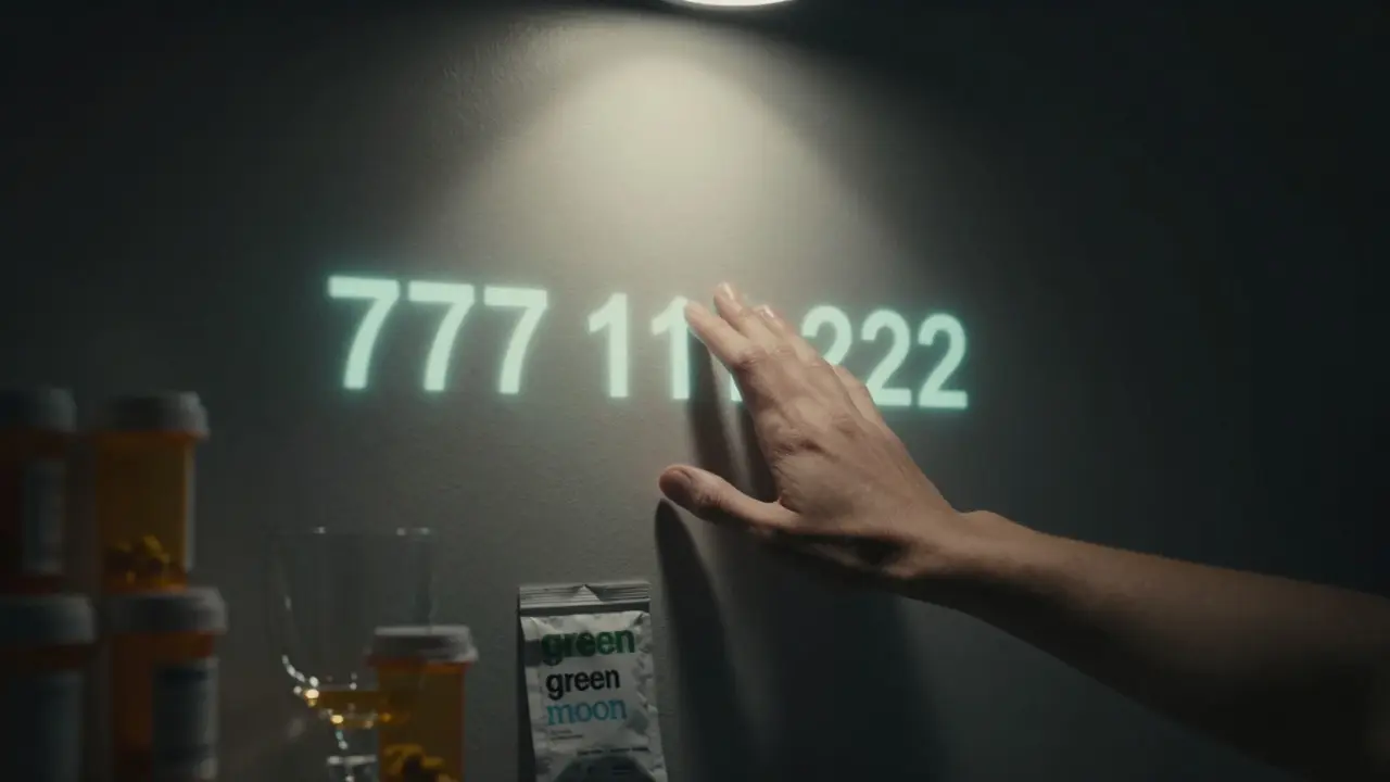 Ruka se táhne k tajnému číslu pro pomoc, skrytá za stěnou léků a drog, v temnotě.