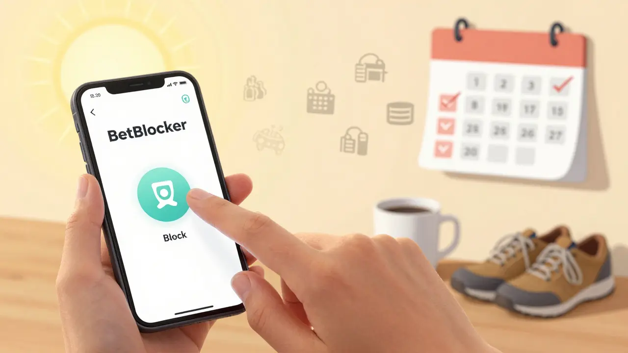 Ruka stiskne tlačítko blokování na telefonu, za ním se hazardní ikony mění v sluneční světlo.