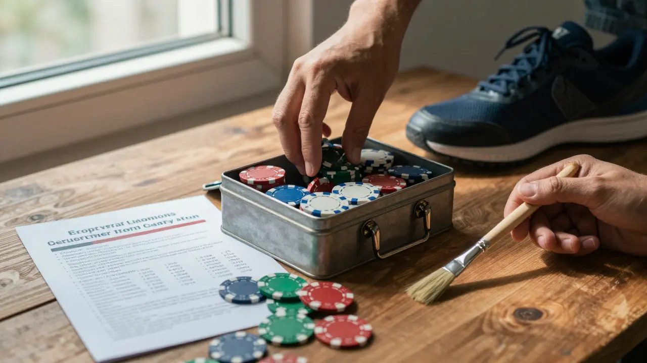 Ruka ukládá sázkové žetony do zámku, zatímco vedle leží běžecké tenisky, štětec a leták terapie – náhrady závislosti.