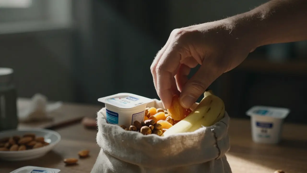 Ruka vybírá zdravé svačiny z pytličky – ořechy, sušené ovoce, banán a jogurt.