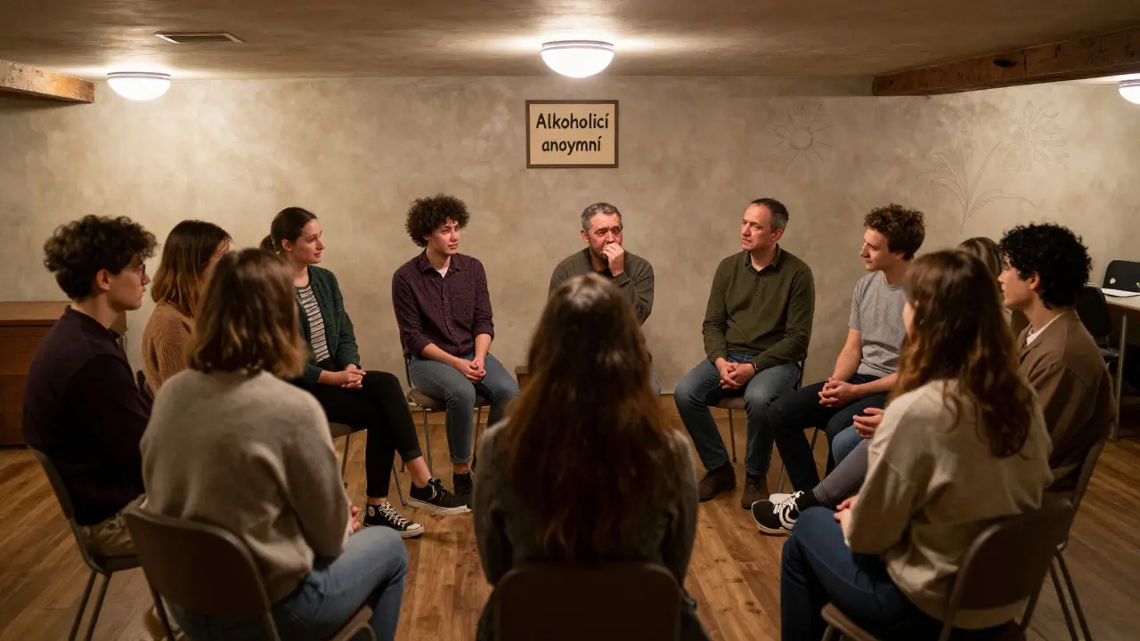 Skupina lidí se schází v kruhu na podpoře pro závislé.