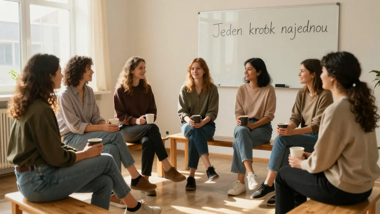 Skupina lidí se setkává v kruhu pro podporu při zotavování závislosti.