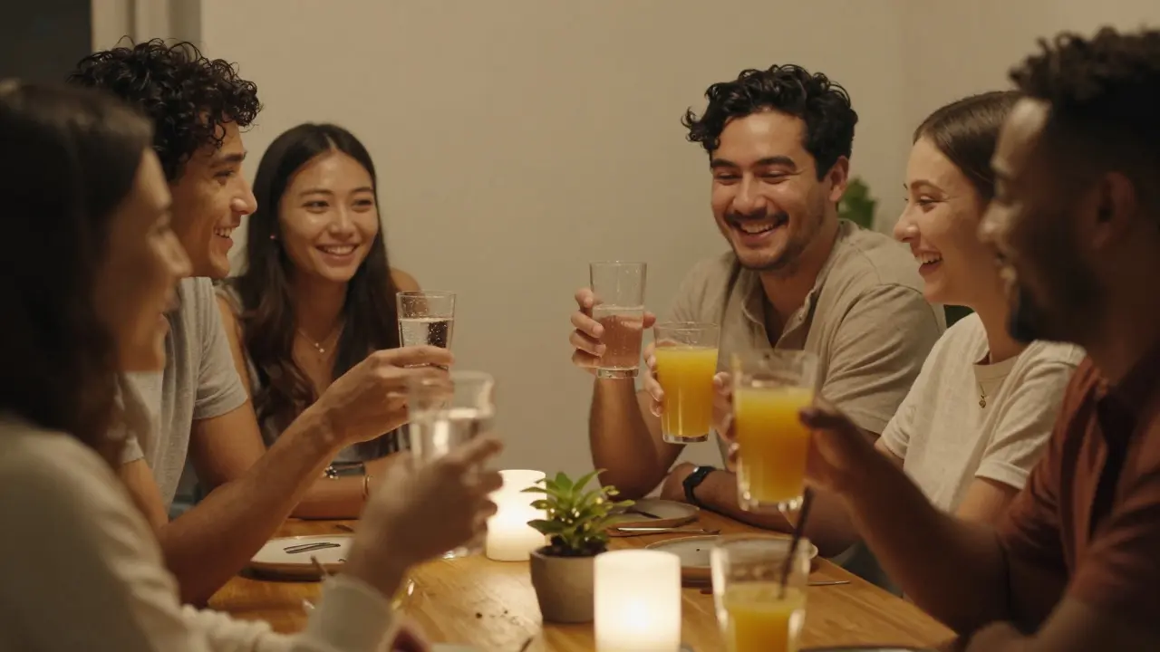 Skupina přátel společně v klidném prostředí, pije bezalkoholické nápoje a směje se.