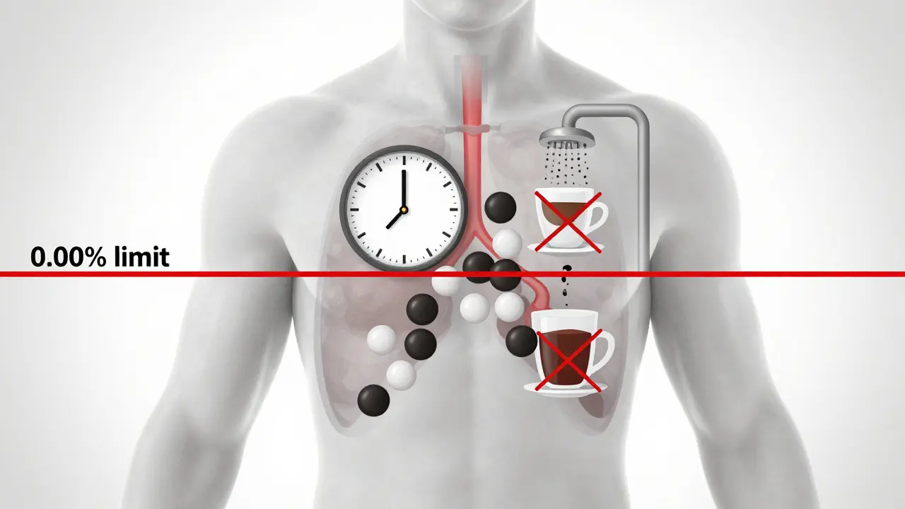 Transparentní tělo s molekulami alkoholu, které se pomalu odstraňují, s vyobrazením neúčinných metod jako káva a sprcha.
