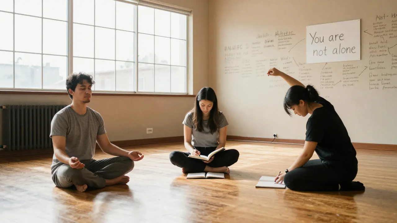 Tři lidé spolu v komunitním centru meditují, píší a táhnou, vyznačujíce podporu a obnovu po závislosti.