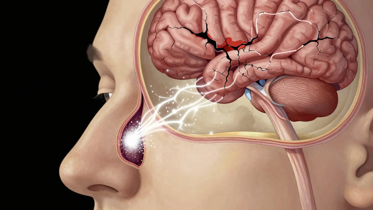 X-ray stylizovaný pohled na poškozenou nosní přepážku a mozek.