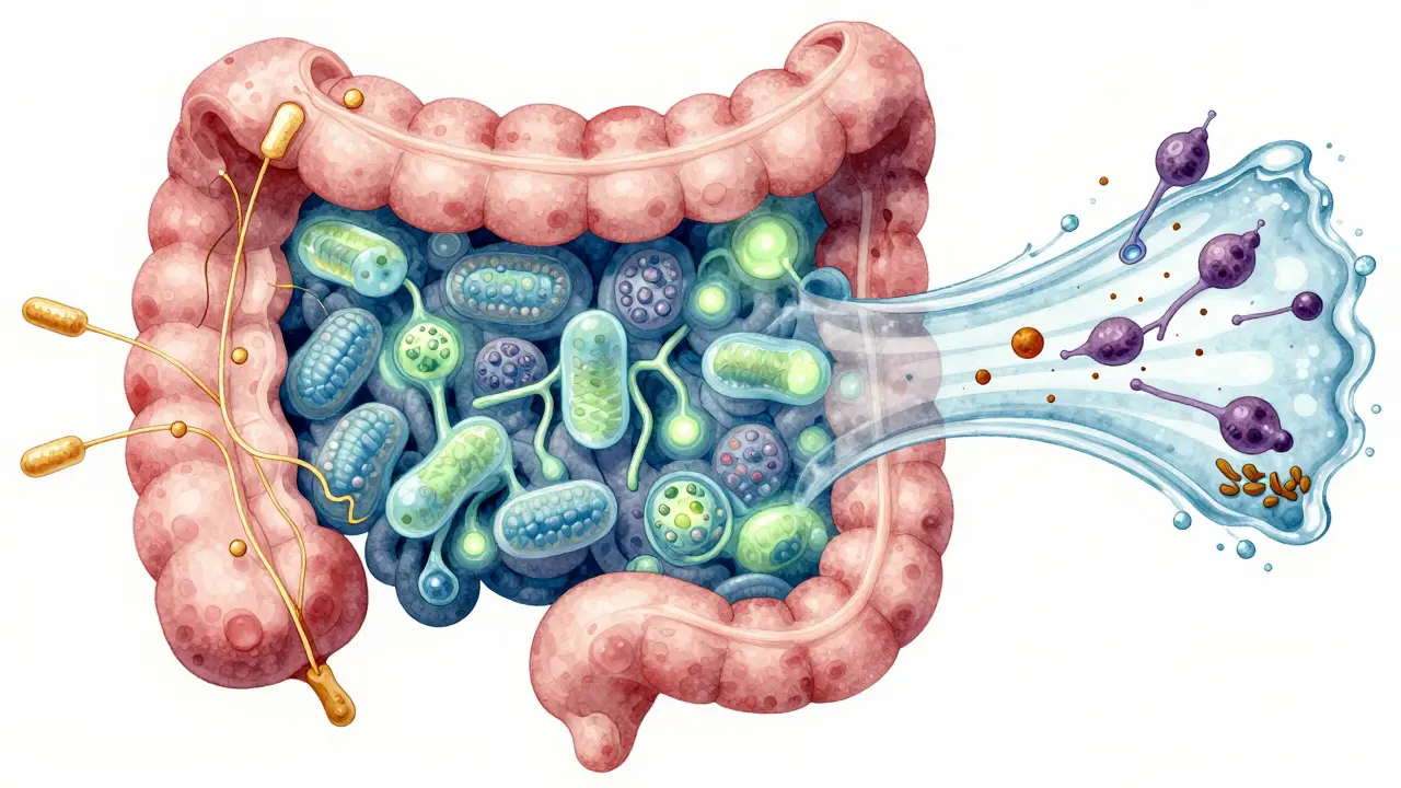 Zdravé střevo s užitečnými bakteriemi a hojením stěny zlatými vlákny.