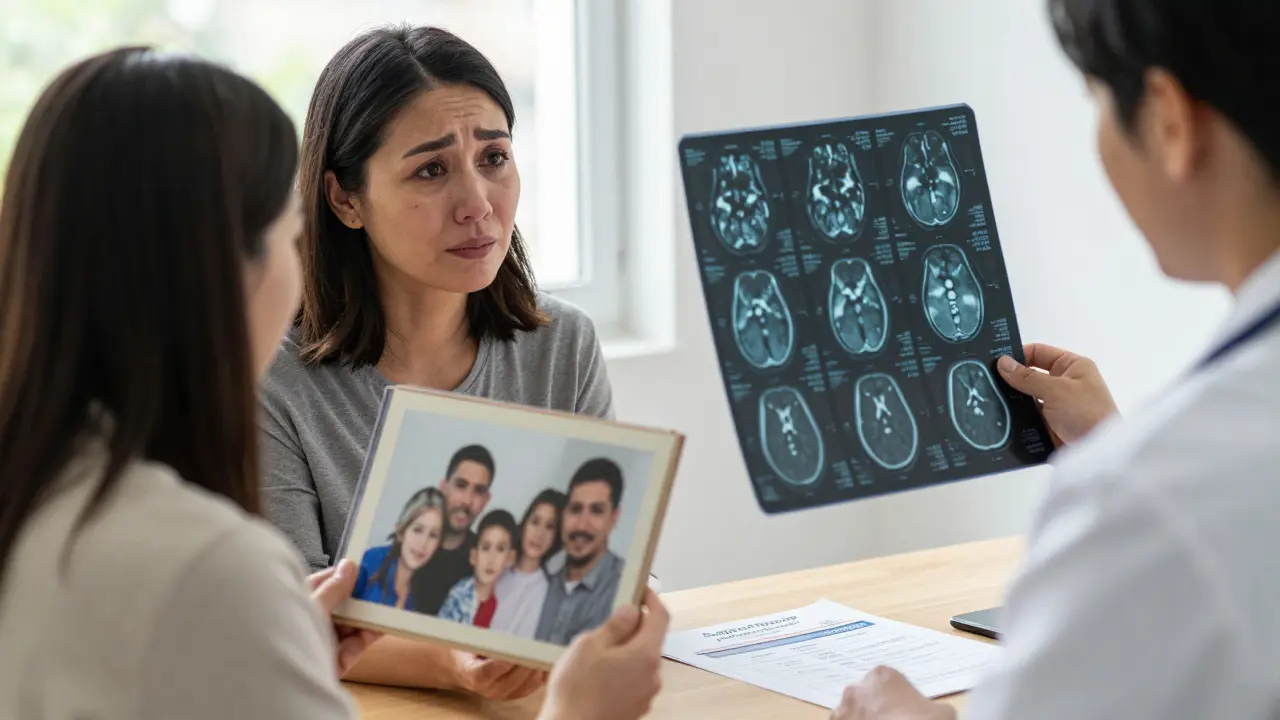 Žena hledí na fotografii rodiny s pláčem, zatímco lékař drží MRI mozku s příznaky atrofie.