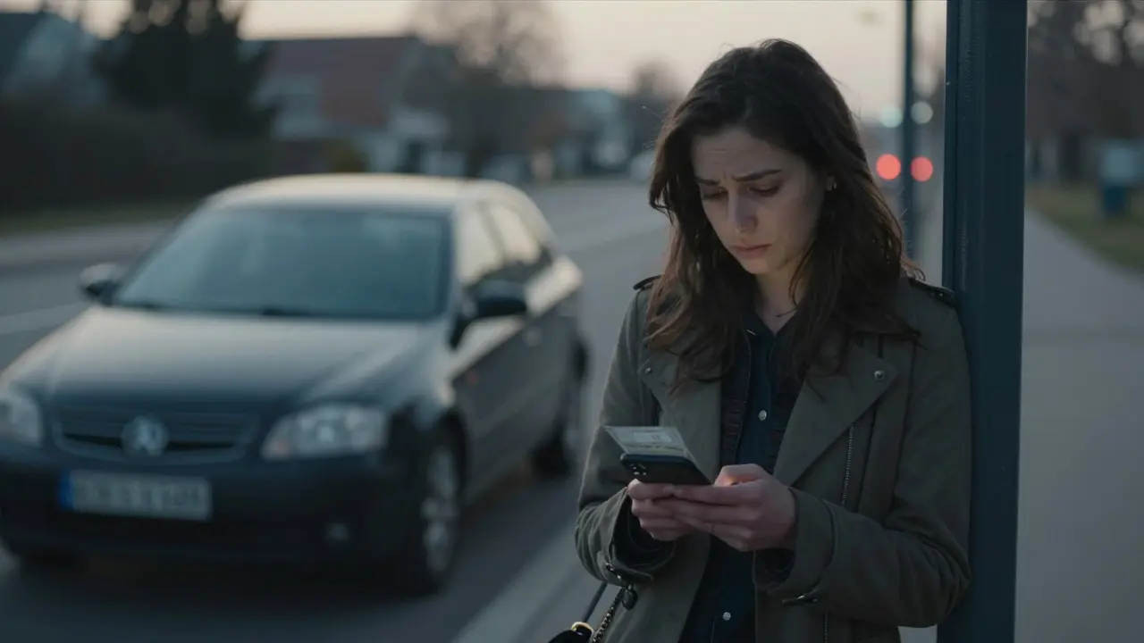 Žena na noční zastávce s výpiskem z taxíku, za ní viditelné zhasínající zářivky havárie.