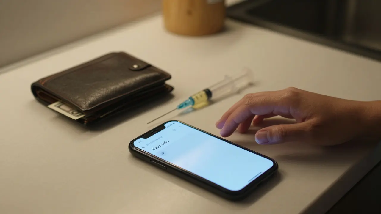 Žena se dívá na telefon s prázdným slibem, zatímco na stole leží prázdný peněženka a injekční stříkačka.