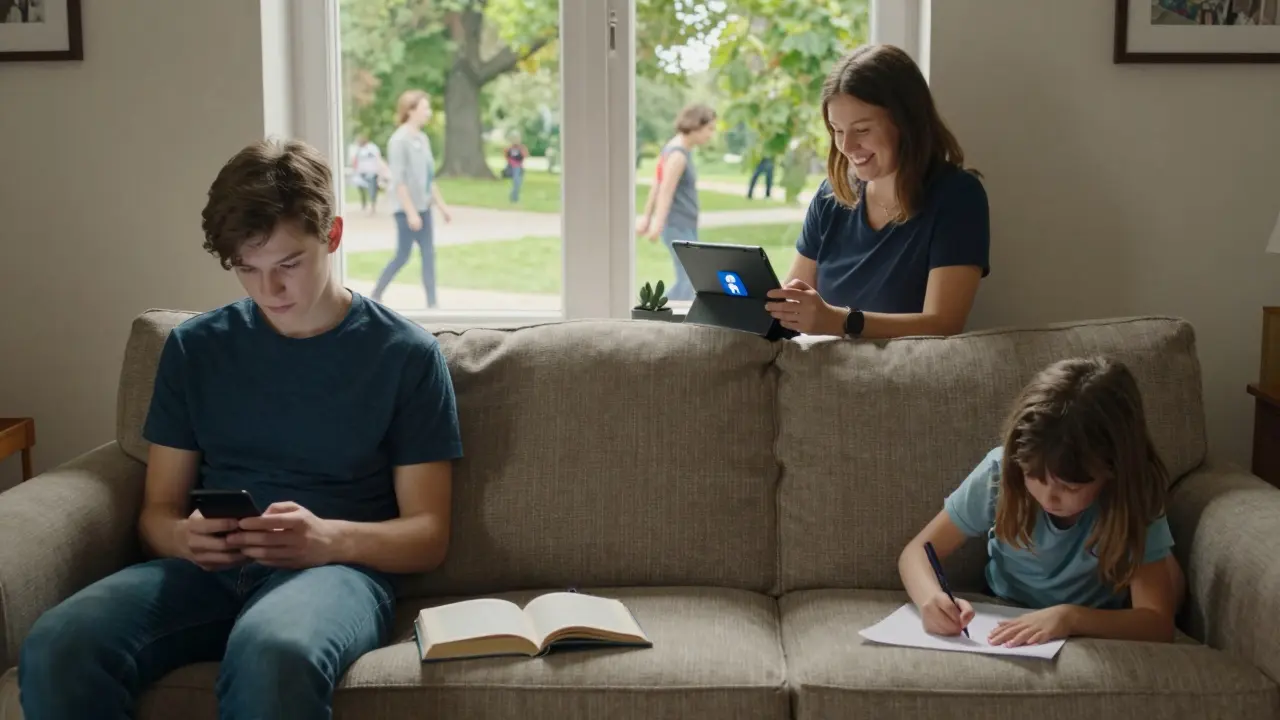 Česká rodina ve společenském prostředí, kde každý hledí do svého telefonu, zatímco dítě kreslí samotné.