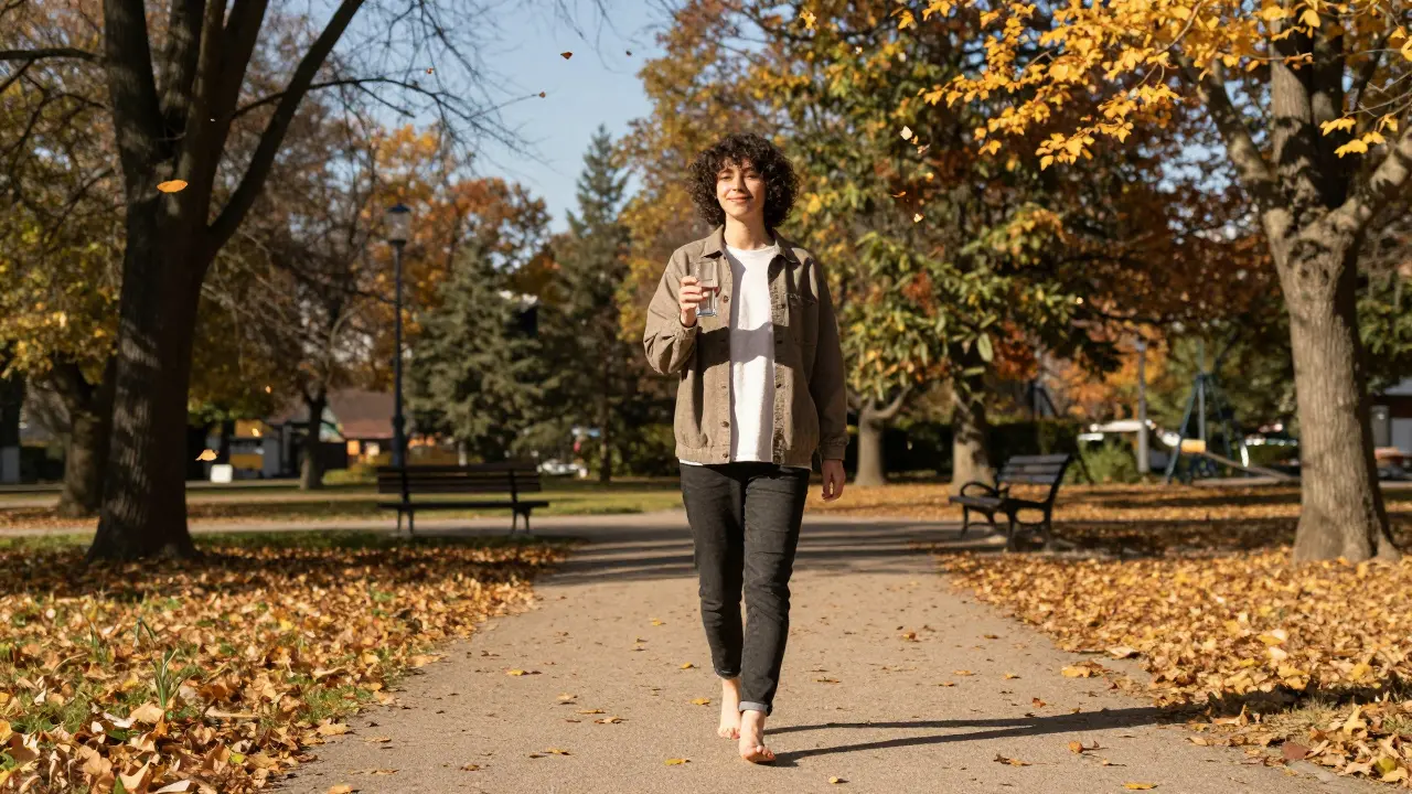 Člověk kráčí po slunečném parku po přestání pít, s vodou a listy padajícími kolem něj.