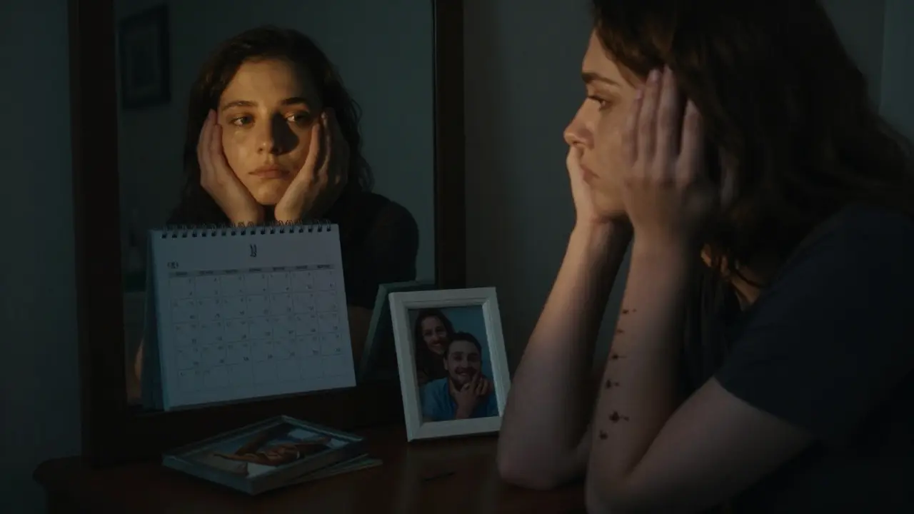 Člověk se dívá do zrcadla, vidí změny ve svém vzhledu a ztrátu naděje.